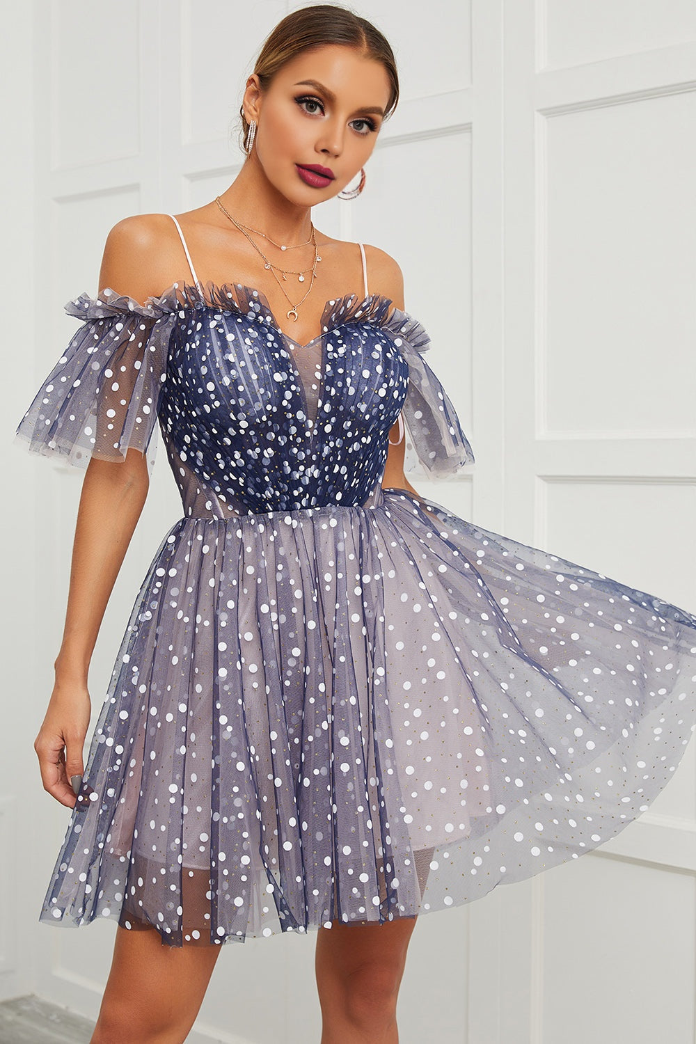 Luolandi A Line Off the Shoulder Lace up Cute Tulle Homecoming Dresses Beautiful